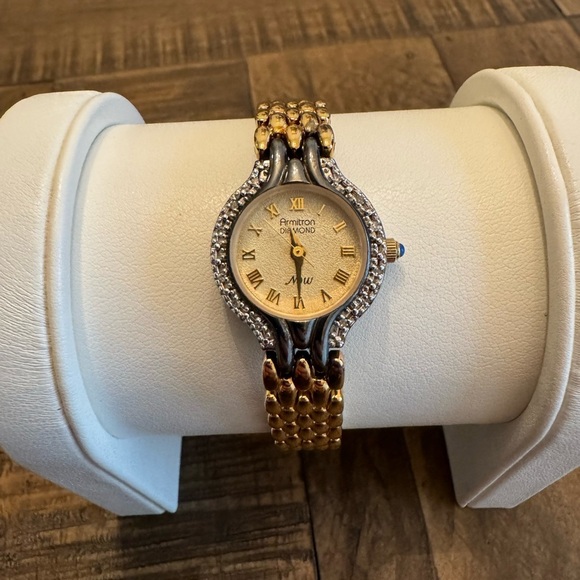 Vintage Two Tone Black & Gold Armitron Diamond Now Ladies Watch- Works! - Picture 1 of 13